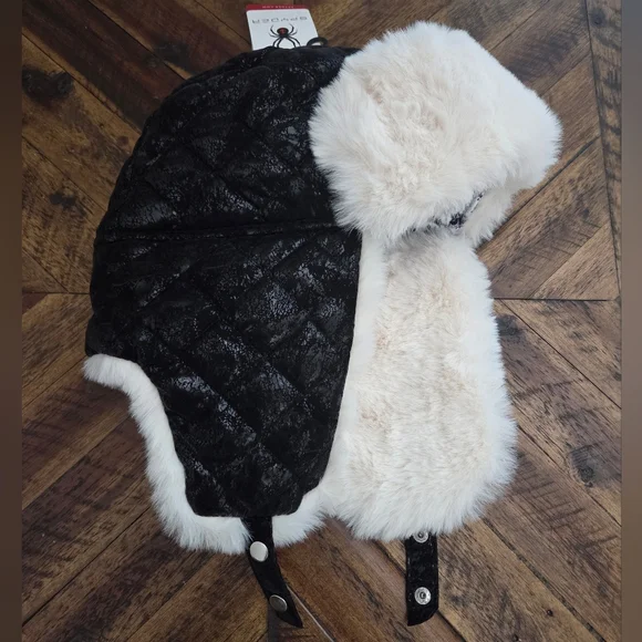 Spyder Women's Quilted Black and White Faux Fur Trapper Style Winter Hat - Picture 2 of 11